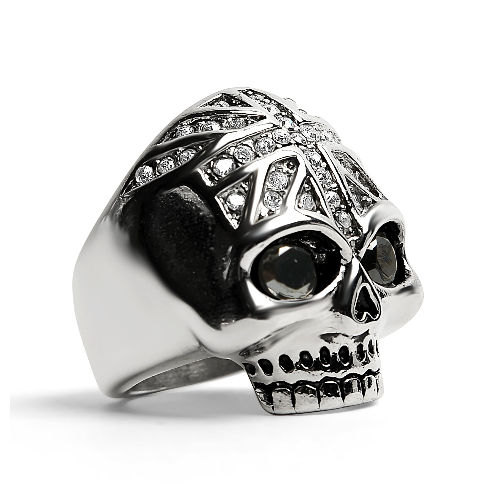 Stainless Steel Black CZ Eyed Skull With Clear CZ UK Flag Ring
