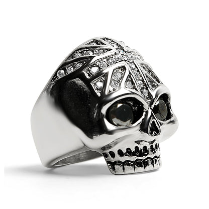 Stainless Steel Black CZ Eyed Skull With Clear CZ UK Flag Ring