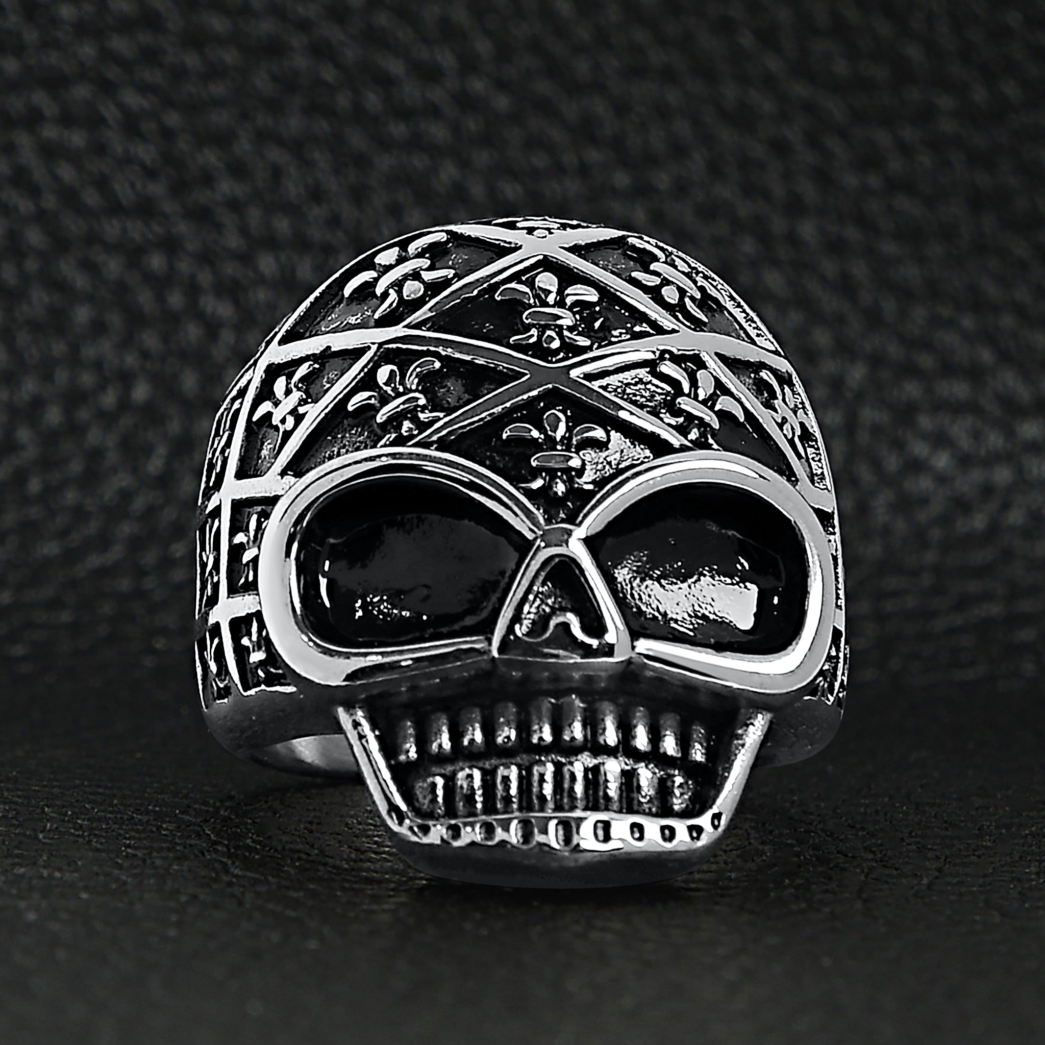 Stainless Steel Skull With Fleur De Lis Pattern Ring