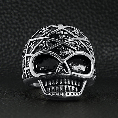 Stainless Steel Skull With Fleur De Lis Pattern Ring