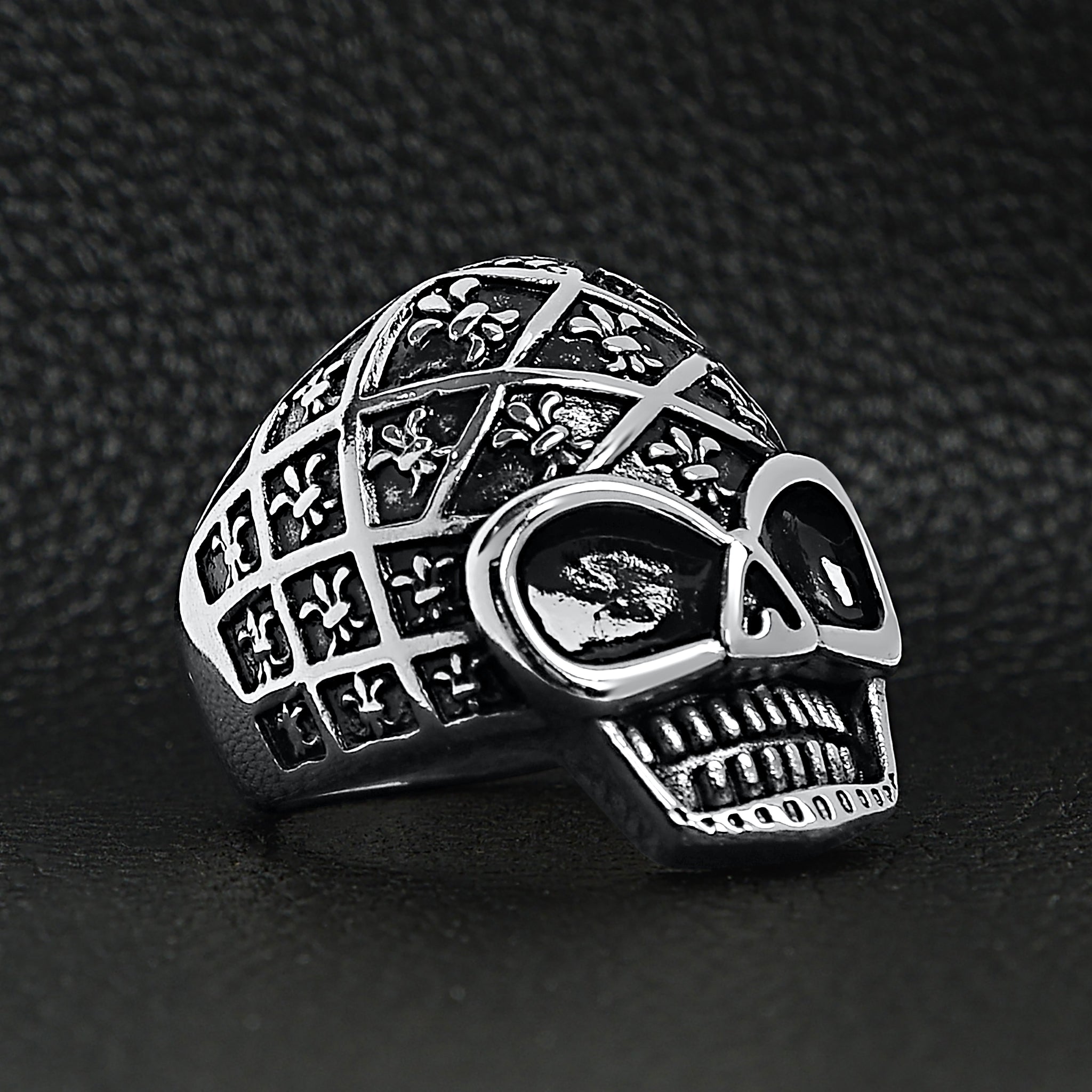 Stainless Steel Skull With Fleur De Lis Pattern Ring