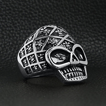 Stainless Steel Skull With Fleur De Lis Pattern Ring