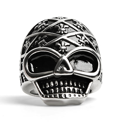 Stainless Steel Skull With Fleur De Lis Pattern Ring