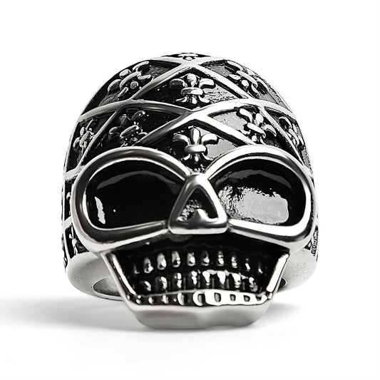 Stainless Steel Skull With Fleur De Lis Pattern Ring