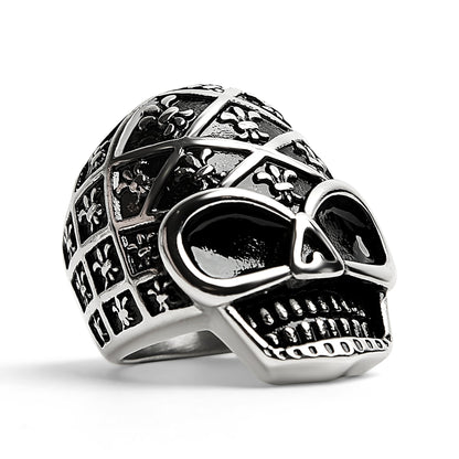 Stainless Steel Skull With Fleur De Lis Pattern Ring