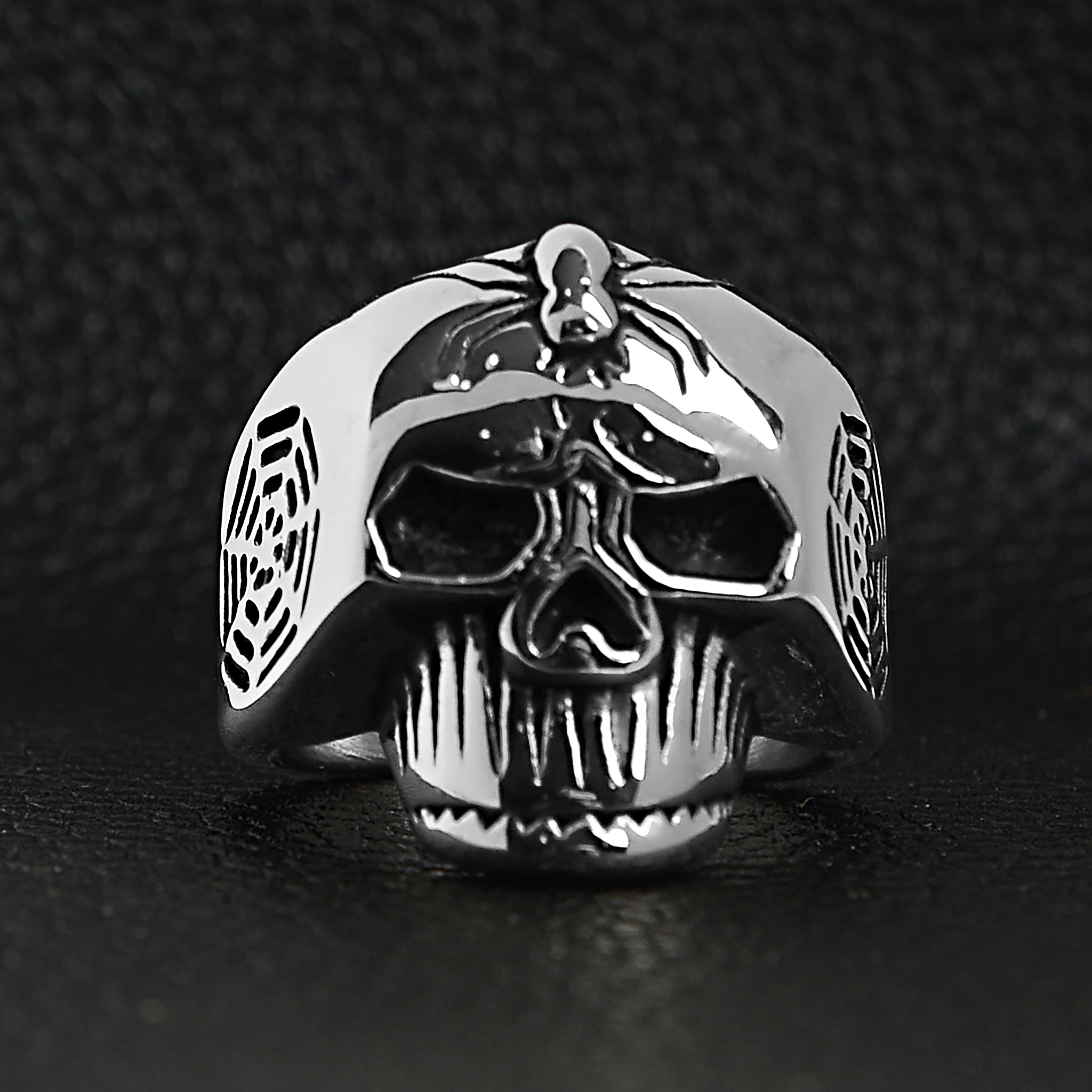 Stainless Steel Skull With Spider And Web Accents Ring