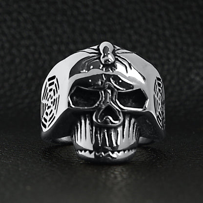 Stainless Steel Skull With Spider And Web Accents Ring