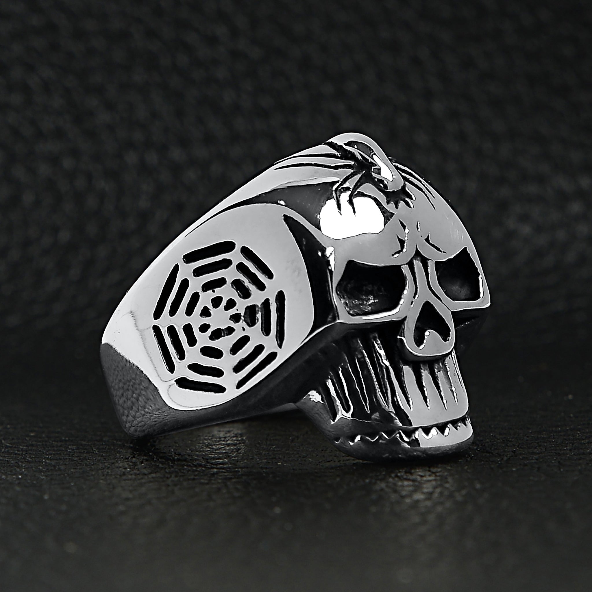 Stainless Steel Skull With Spider And Web Accents Ring