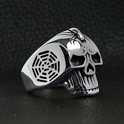 Stainless Steel Skull With Spider And Web Accents Ring