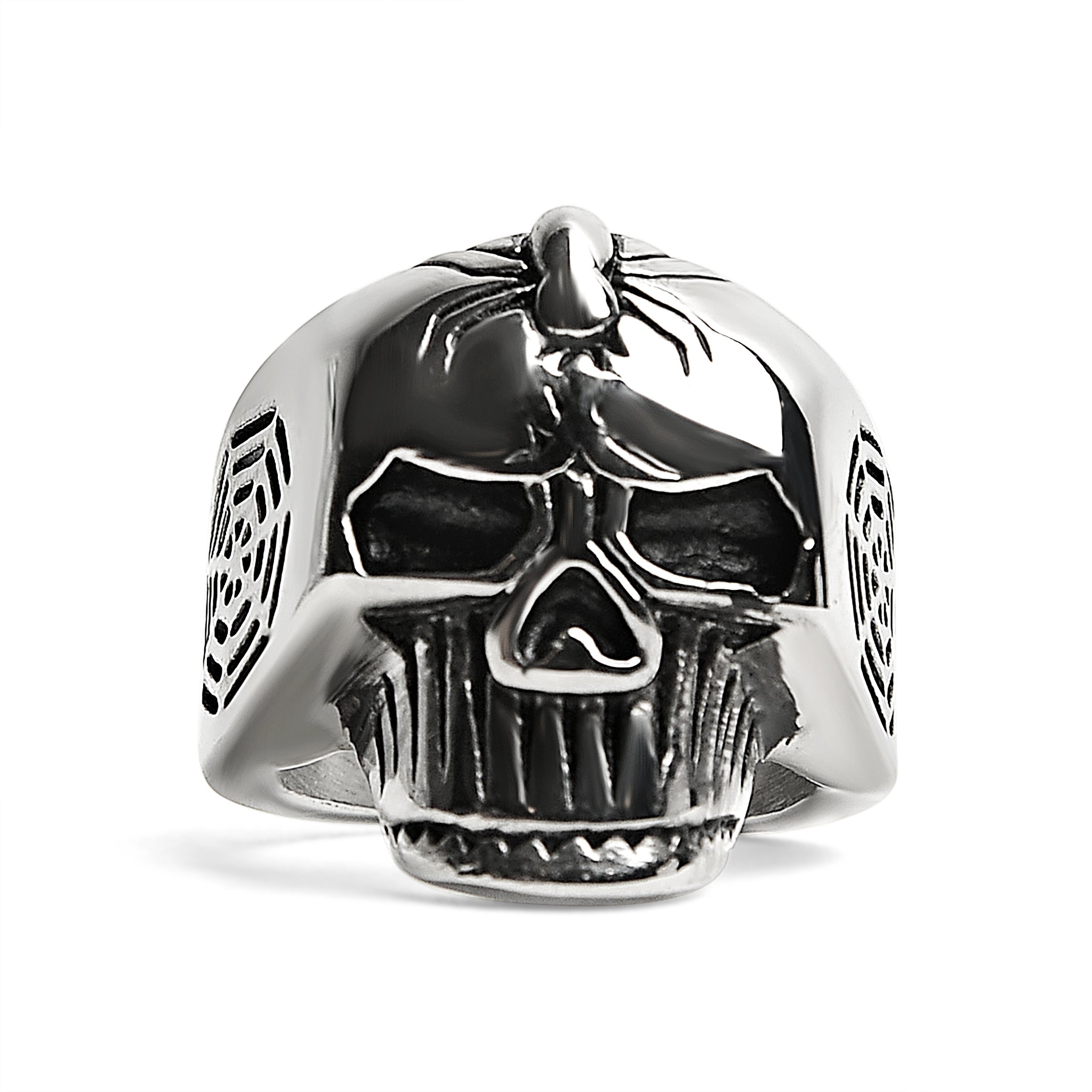 Stainless Steel Skull With Spider And Web Accents Ring