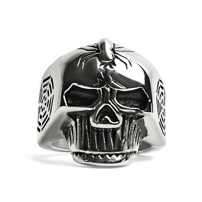Stainless Steel Skull With Spider And Web Accents Ring