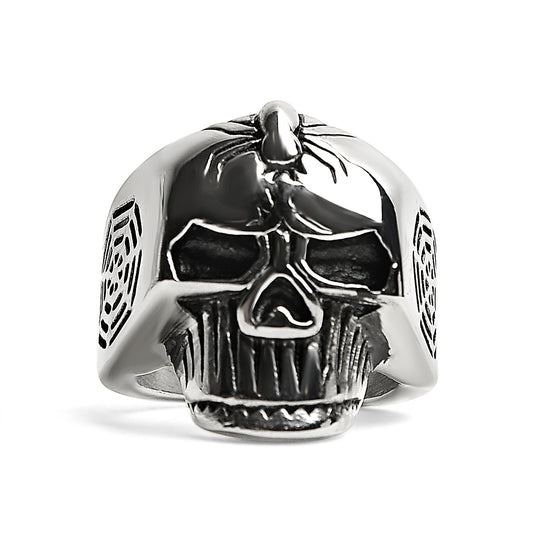 Stainless Steel Skull With Spider And Web Accents Ring