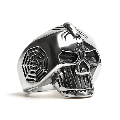 Stainless Steel Skull With Spider And Web Accents Ring