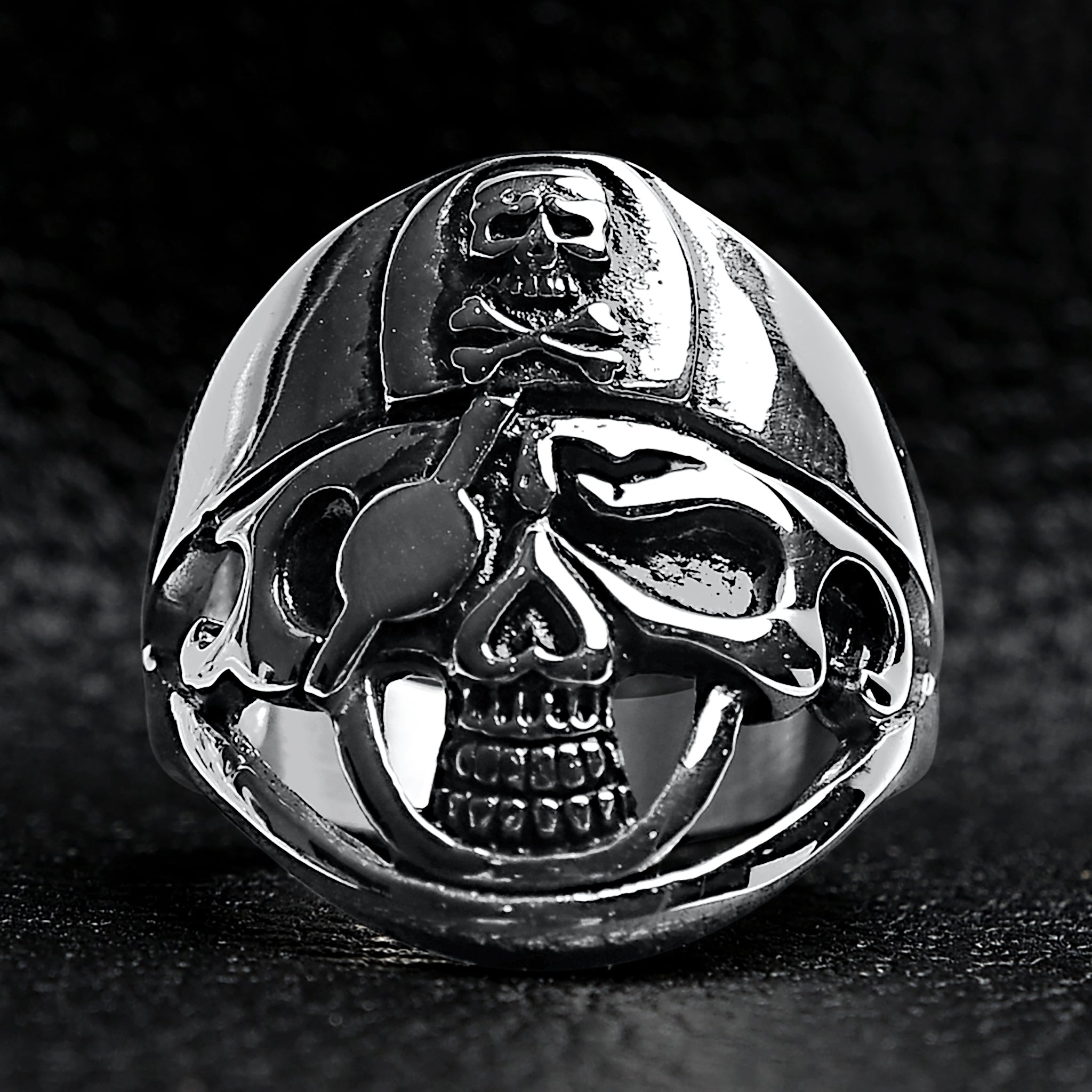 Detailed Eye Patch Skull With Skull Hat Stainless Steel Ring