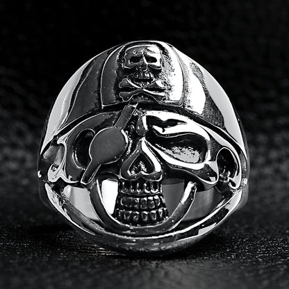 Detailed Eye Patch Skull With Skull Hat Stainless Steel Ring