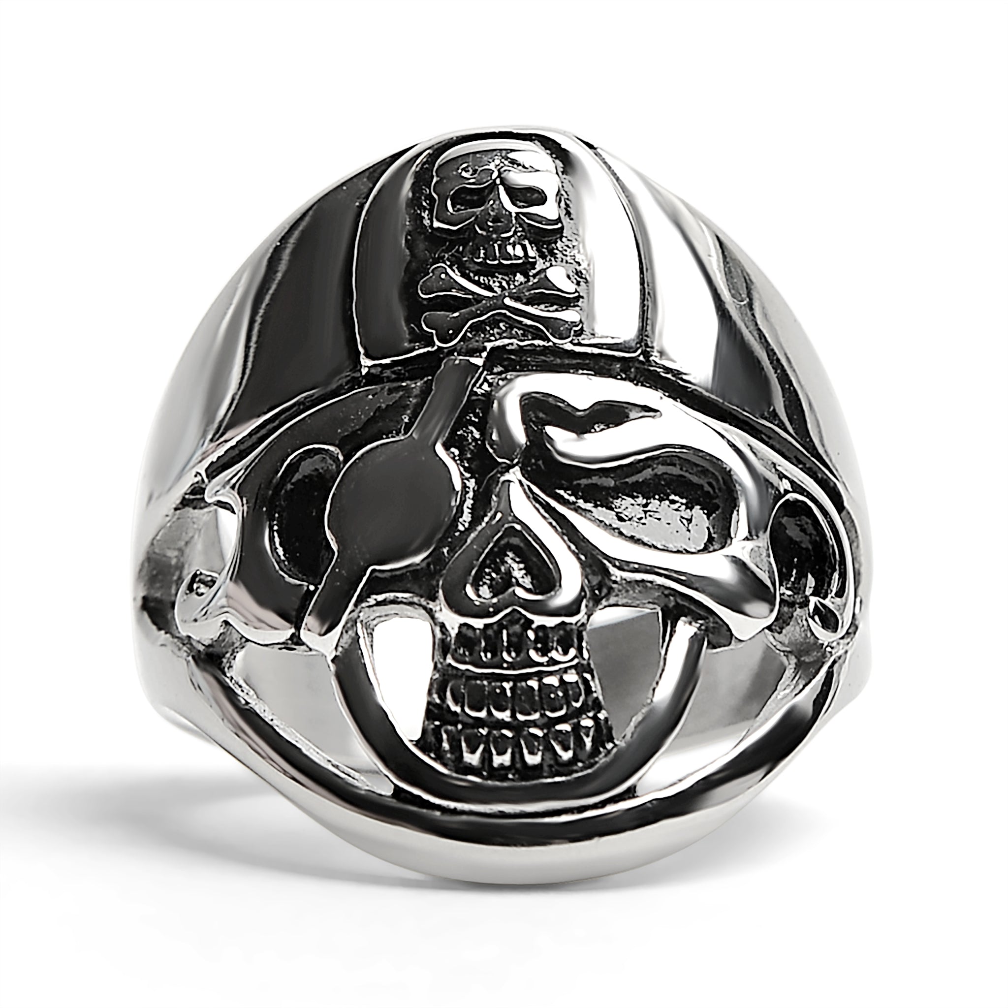 Detailed Eye Patch Skull With Skull Hat Stainless Steel Ring
