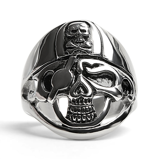 Detailed Eye Patch Skull With Skull Hat Stainless Steel Ring