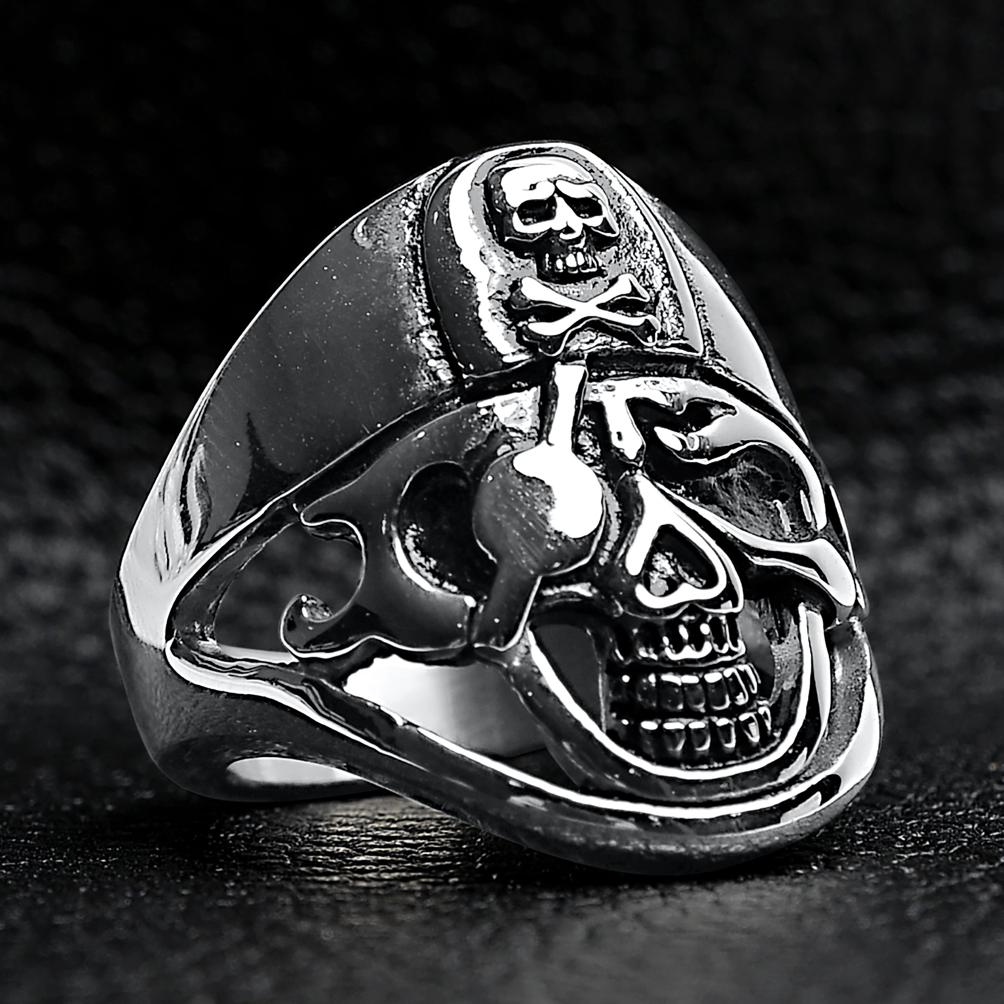 Detailed Eye Patch Skull With Skull Hat Stainless Steel Ring