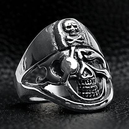 Detailed Eye Patch Skull With Skull Hat Stainless Steel Ring