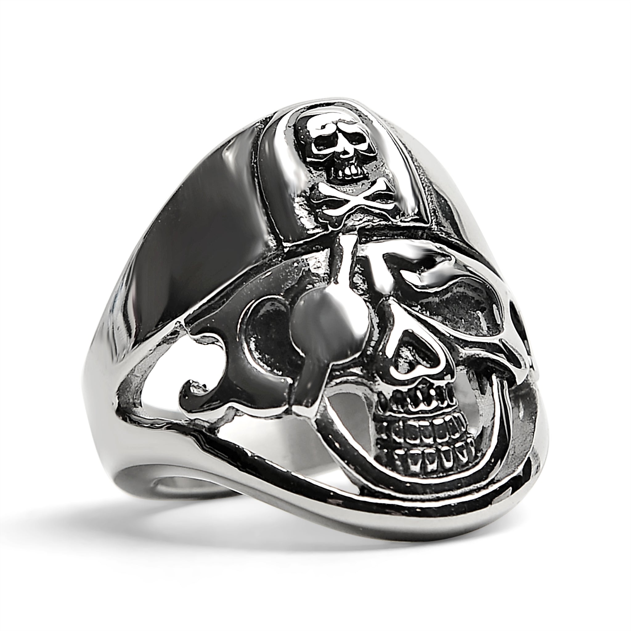 Detailed Eye Patch Skull With Skull Hat Stainless Steel Ring
