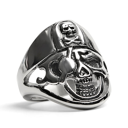 Detailed Eye Patch Skull With Skull Hat Stainless Steel Ring