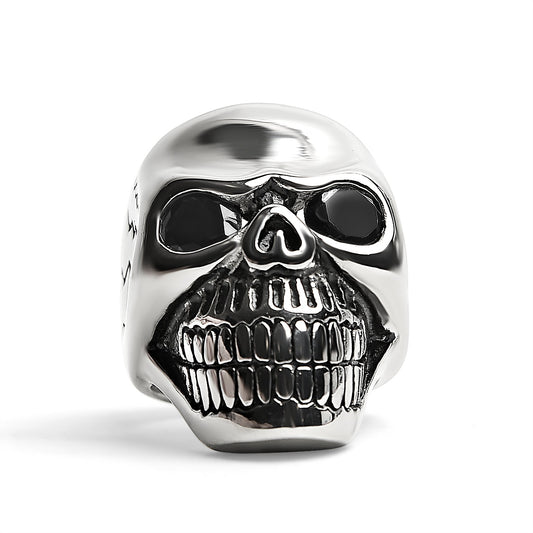 Detailed Cracked Skull with CZ Eyes Stainless Steel Ring
