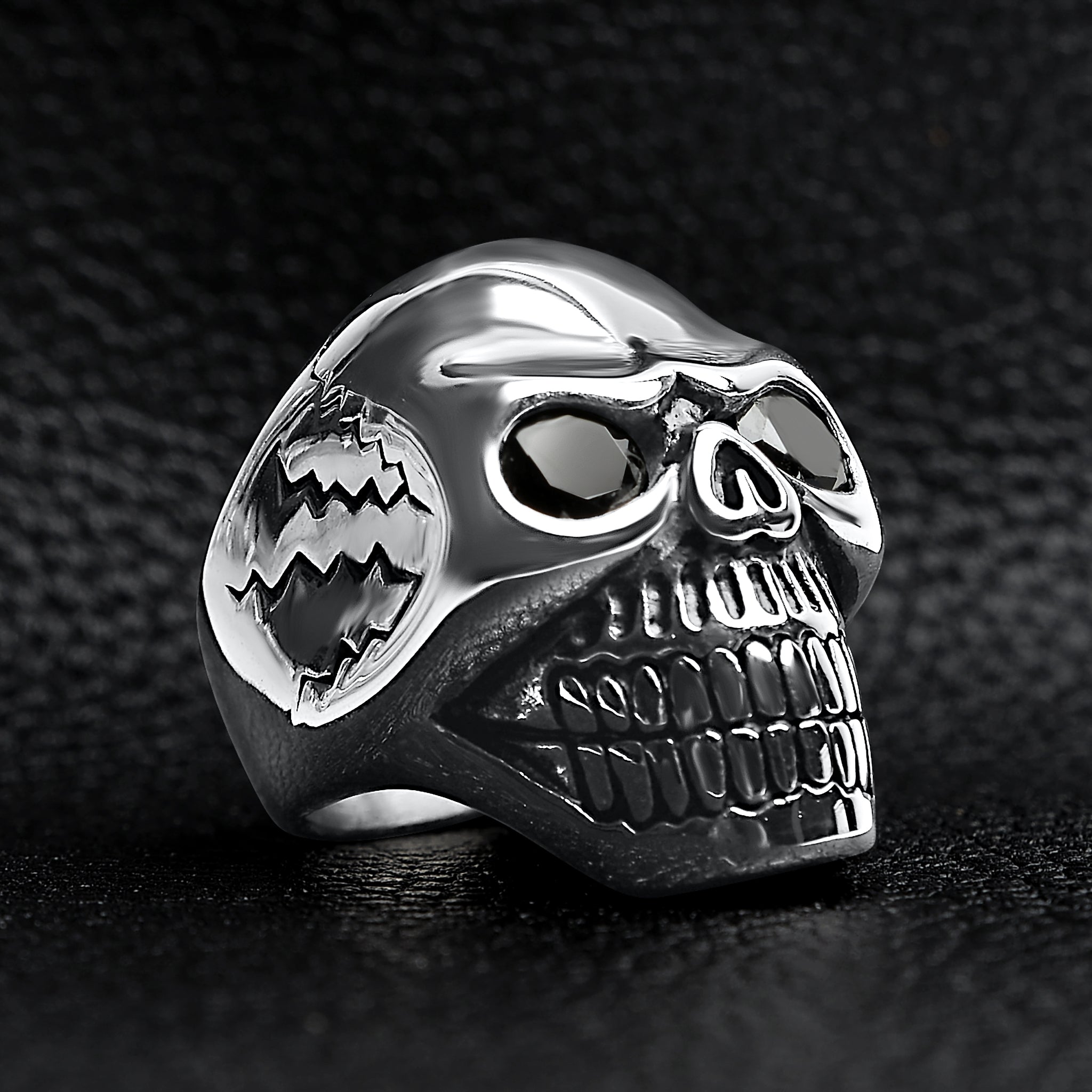 Detailed Cracked Skull with CZ Eyes Stainless Steel Ring