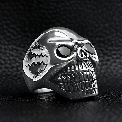 Detailed Cracked Skull with CZ Eyes Stainless Steel Ring