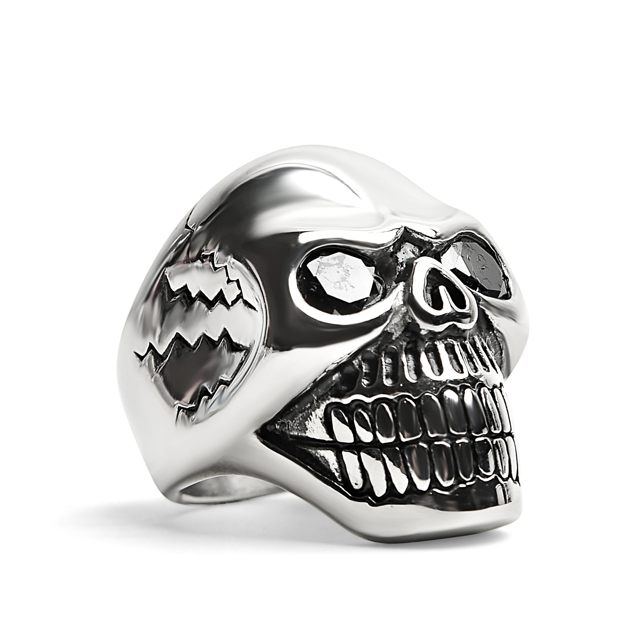 Detailed Cracked Skull with CZ Eyes Stainless Steel Ring