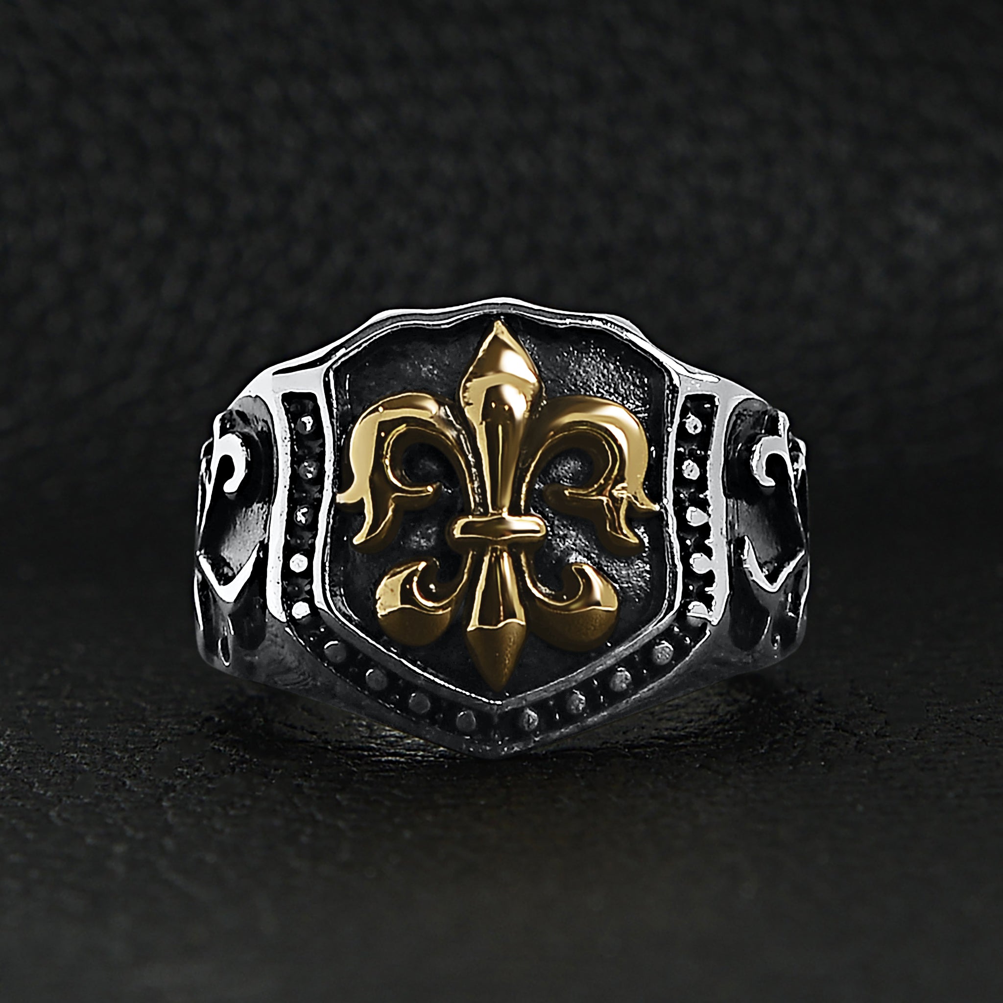 Stainless Steel 18K Gold PVD Coated Fleur De Lis Shield Signet Ring