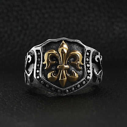 Stainless Steel 18K Gold PVD Coated Fleur De Lis Shield Signet Ring