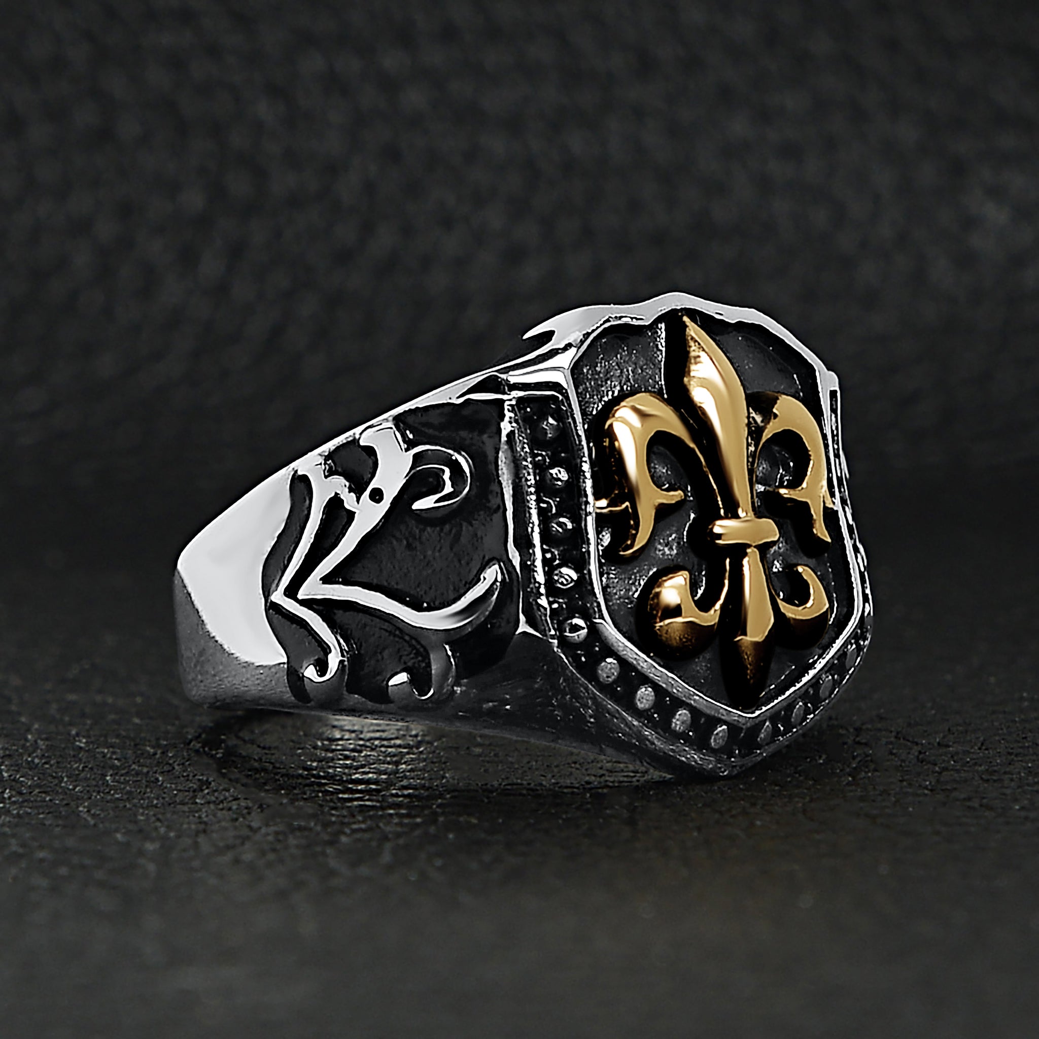 Stainless Steel 18K Gold PVD Coated Fleur De Lis Shield Signet Ring