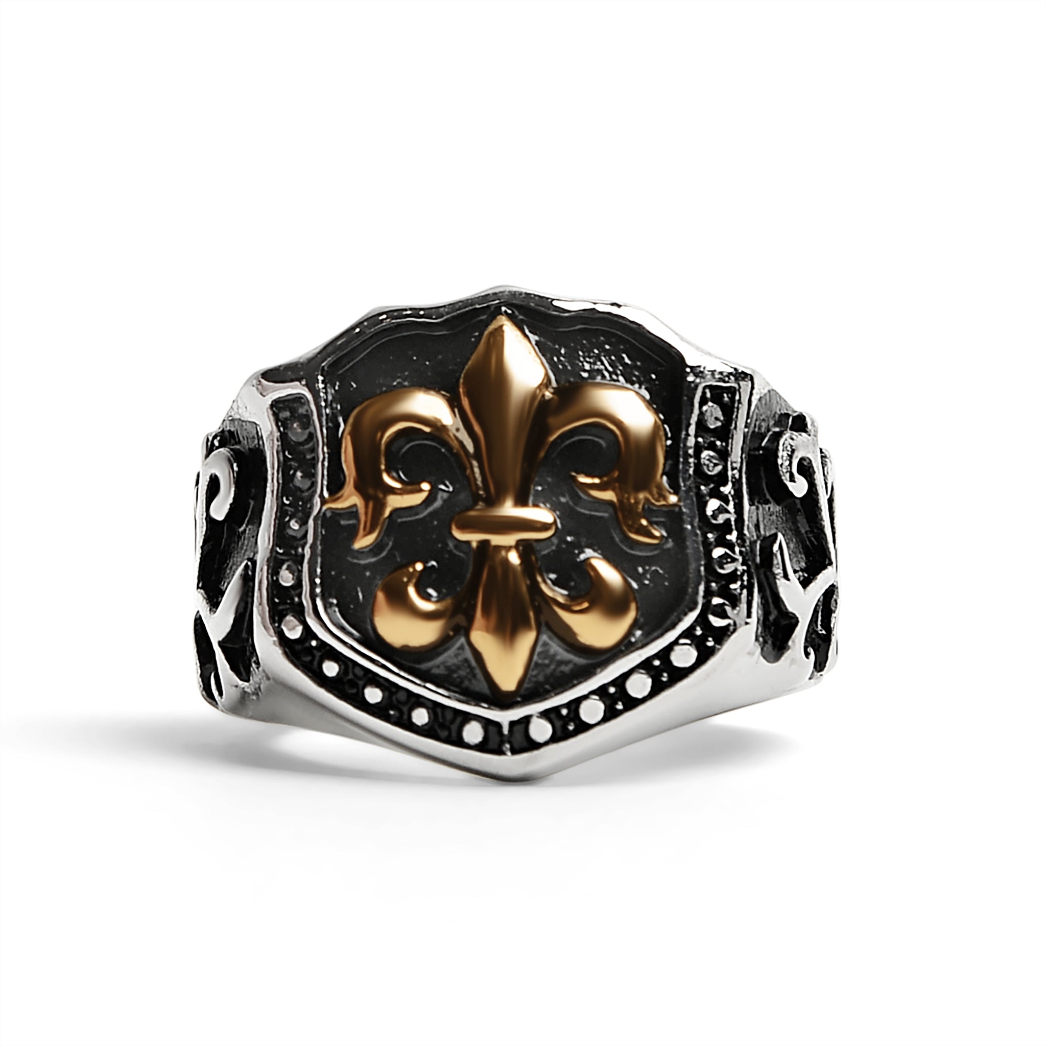 Stainless Steel 18K Gold PVD Coated Fleur De Lis Shield Signet Ring