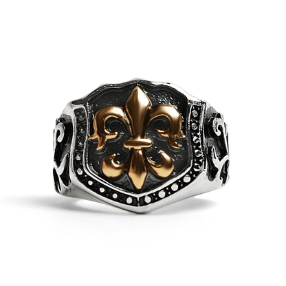 Stainless Steel 18K Gold PVD Coated Fleur De Lis Shield Signet Ring