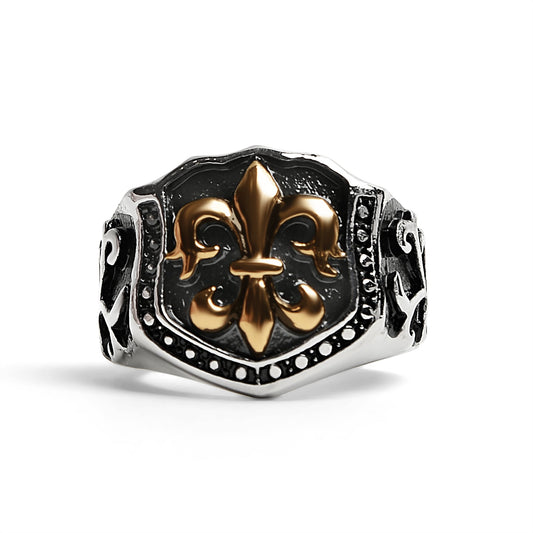 Stainless Steel 18K Gold PVD Coated Fleur De Lis Shield Signet Ring