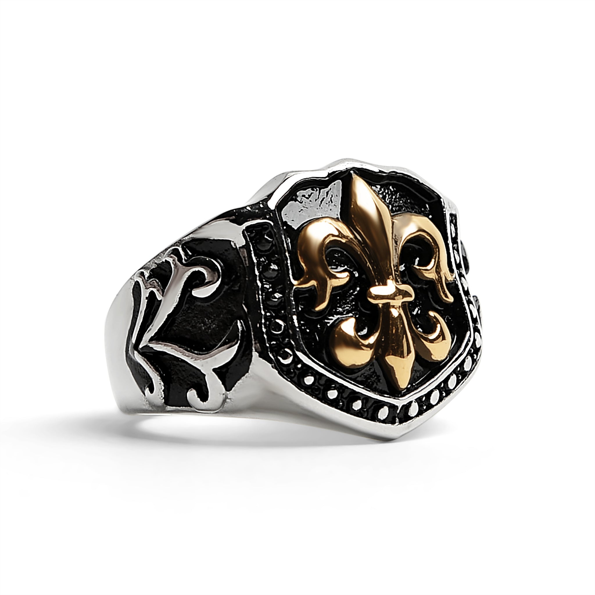 Stainless Steel 18K Gold PVD Coated Fleur De Lis Shield Signet Ring