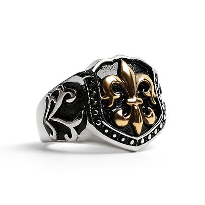 Stainless Steel 18K Gold PVD Coated Fleur De Lis Shield Signet Ring