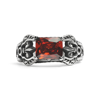 Red CZ Center Detailed Fleur De Lis Accents Stainless Steel Ring