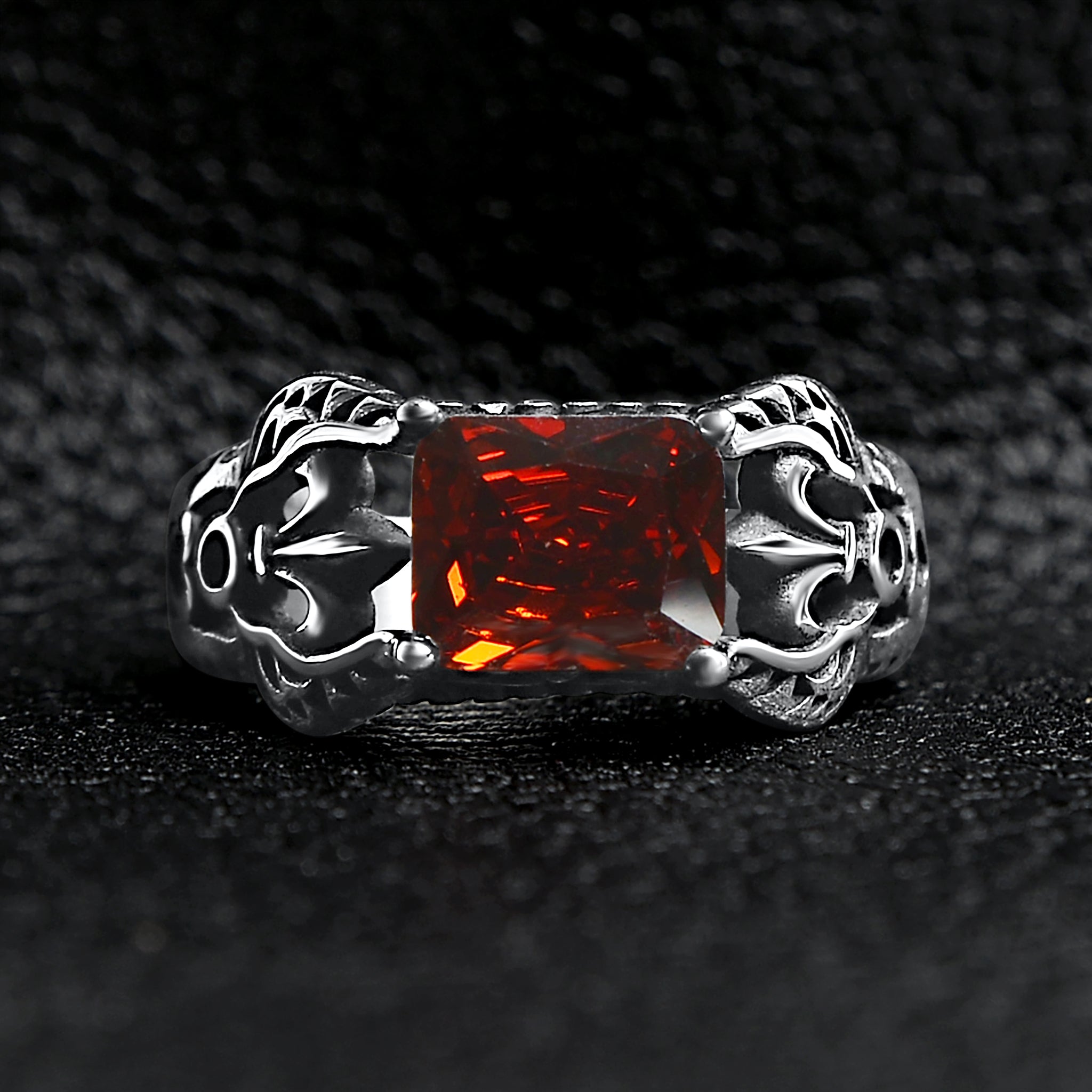 Red CZ Center Detailed Fleur De Lis Accents Stainless Steel Ring