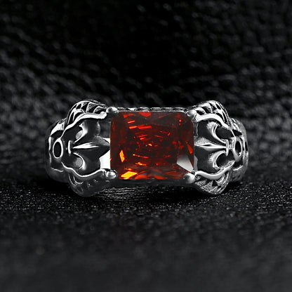 Red CZ Center Detailed Fleur De Lis Accents Stainless Steel Ring