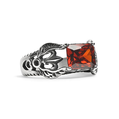 Red CZ Center Detailed Fleur De Lis Accents Stainless Steel Ring