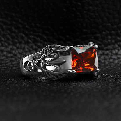 Red CZ Center Detailed Fleur De Lis Accents Stainless Steel Ring