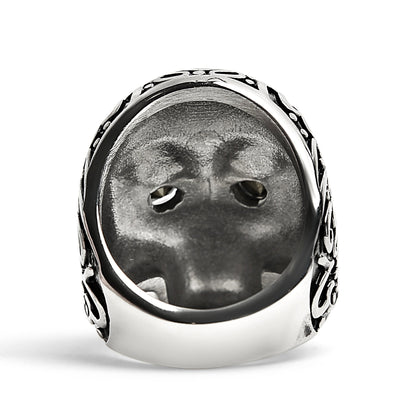 Black CZ Eyed Detailed Skull Stainless Steel Ring