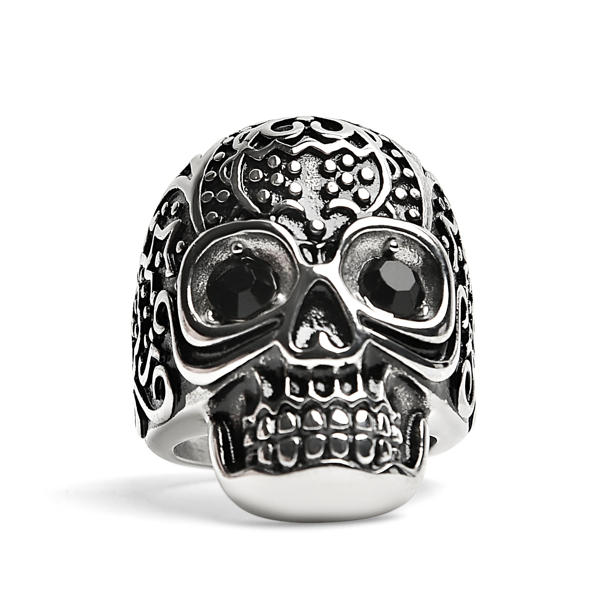 Black CZ Eyed Detailed Skull Stainless Steel Ring