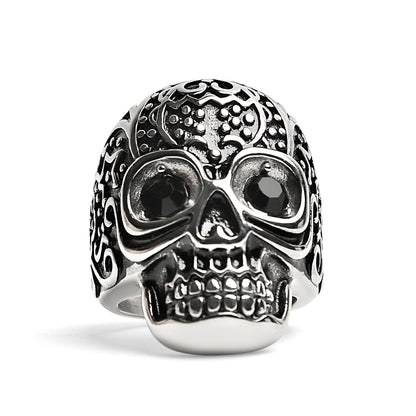 Black CZ Eyed Detailed Skull Stainless Steel Ring