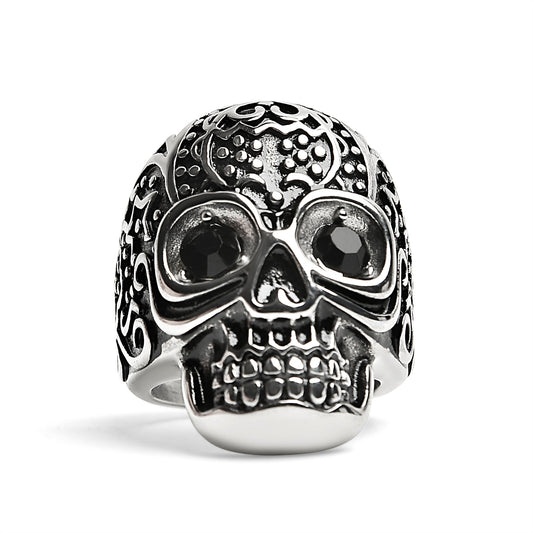 Black CZ Eyed Detailed Skull Stainless Steel Ring