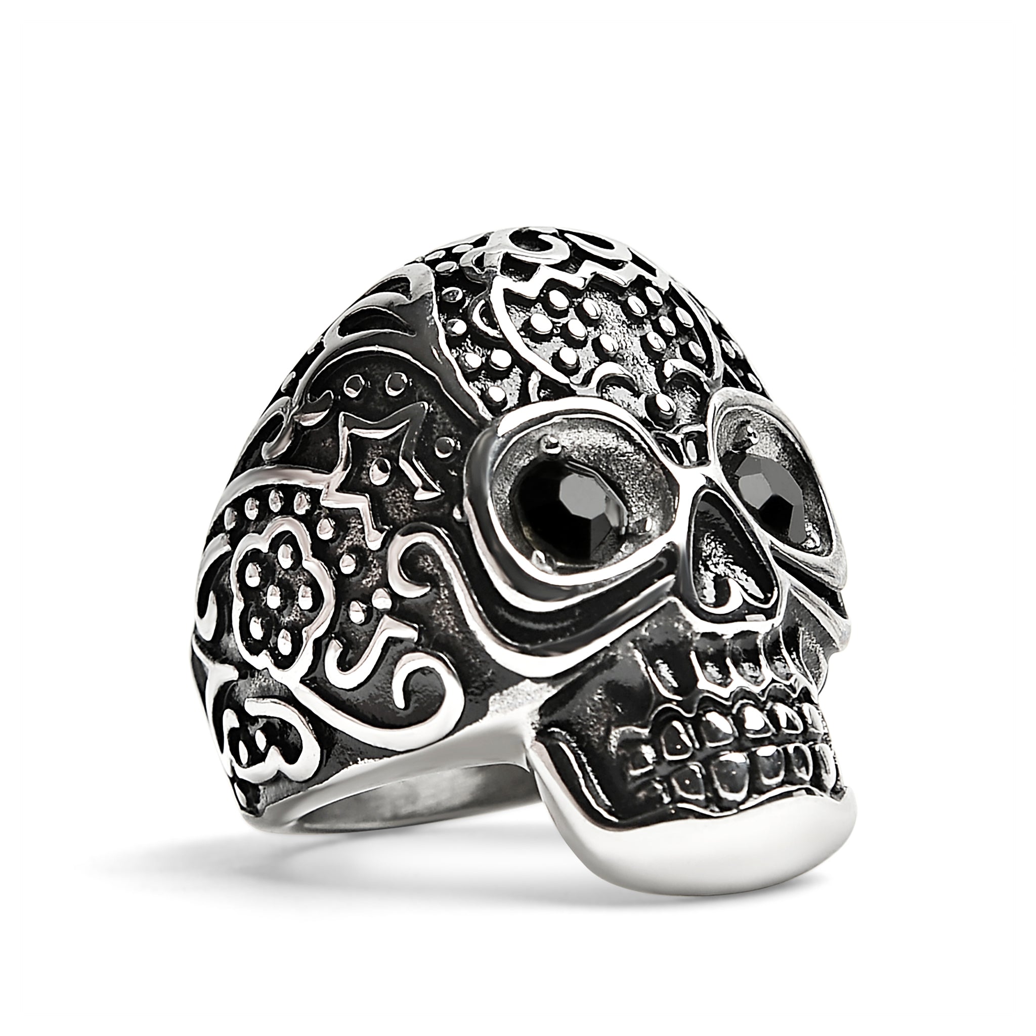 Black CZ Eyed Detailed Skull Stainless Steel Ring