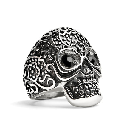 Black CZ Eyed Detailed Skull Stainless Steel Ring