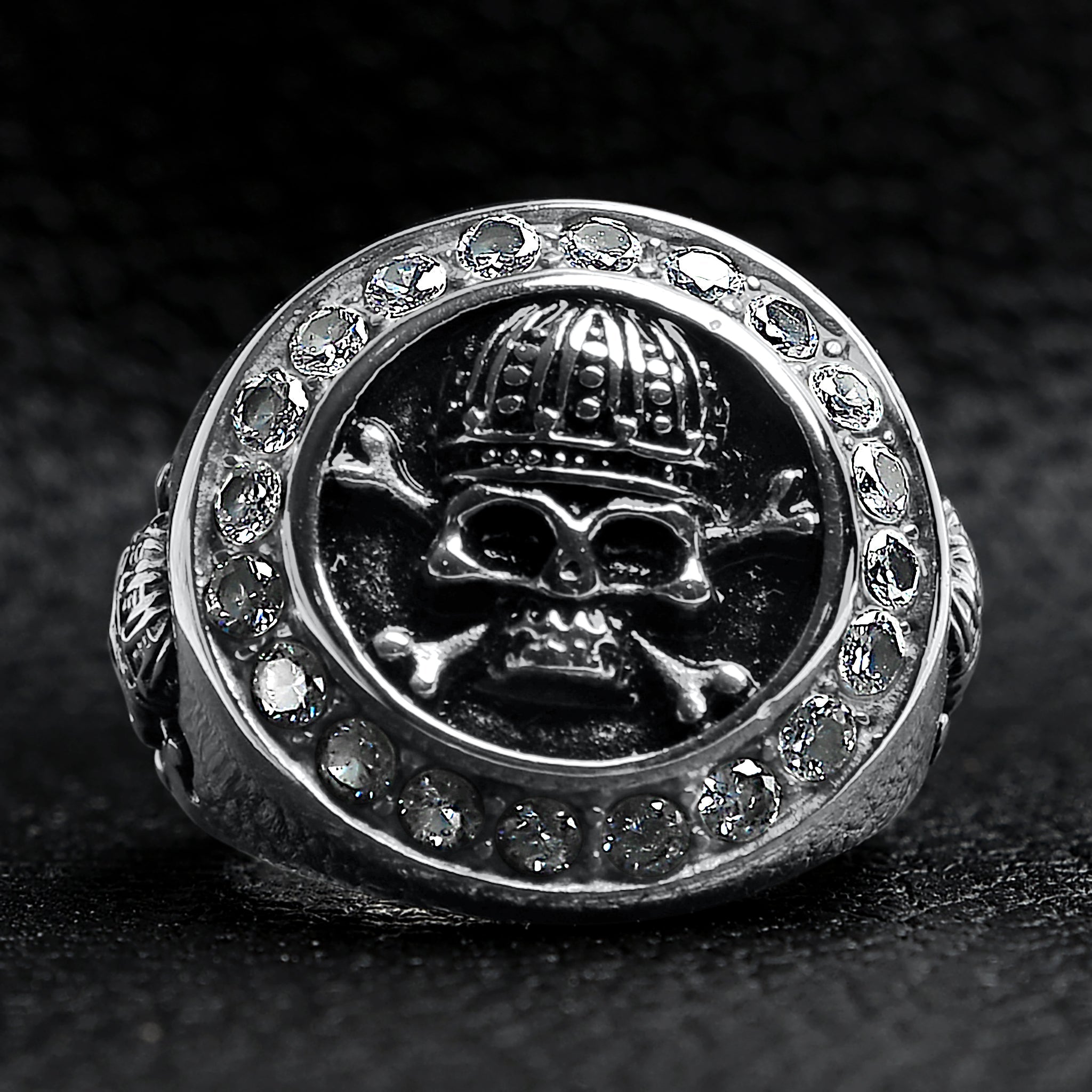 Stainless Steel King Skull And Crossbones With CZ Accent Stones Signet Ring