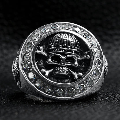 Stainless Steel King Skull And Crossbones With CZ Accent Stones Signet Ring